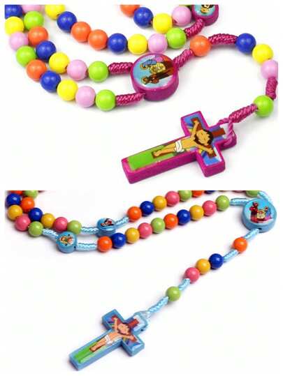 1 件手工彩色壓克力珠項鍊附卡通十字與原子洗禮