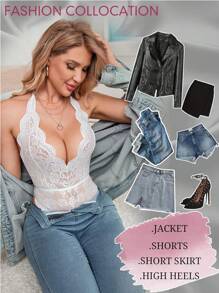 Lencería sexy para mujer Body de encaje con cuello en V profundo Lencería de peluche traviesa para novia Trajes de cuerpo Tops Trajes Bodys para mujer Lencería Tops sin mangas Babydoll de una pieza Mini ropa de dormir - Blanco - Ver 10