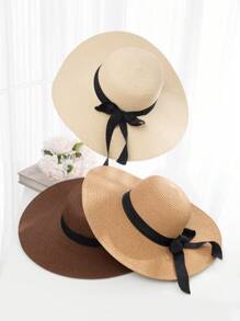 1入組女士簡約風格蝴蝶結寬邊遮陽帽，適合海灘度假 - 彩色 - 查看 1