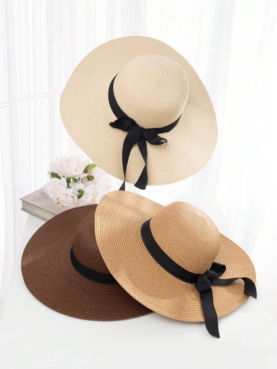 1入組女士簡約風格蝴蝶結寬邊遮陽帽，適合海灘度假 - 彩色 - 查看 1