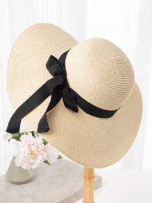 1入組女士簡約風格蝴蝶結寬邊遮陽帽，適合海灘度假 - 彩色 - 查看 11