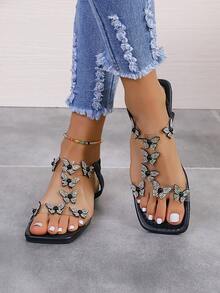 Dép quai chữ T đế bằng trong suốt bằng da PU có trang trí hình bướm đính đá cho ngày lễ tình nhân - màu đen - Xem 3