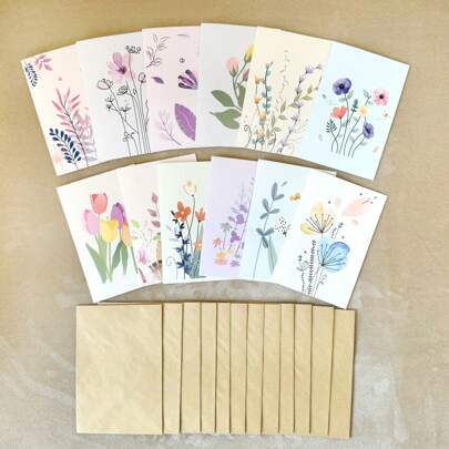 24pcs Cartoon Flower Style Design Greeting Cards, With 12pcs Cards And 12pcs Envelopes. Cartoon Flower Style Design, Healing Wind Design, Plant Patterns, Simple But Not Simple, Suitable For Various Occasions Or Festivals, Such As Birthday, Valentine's Day, Wedding, Anniversary, Thank-You Card, Greeting Card, Sympathy Card, Office Supplies, Festival Supplies Back To School