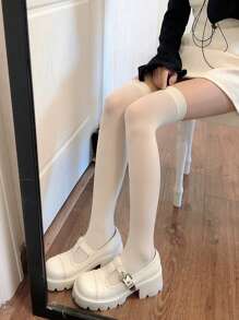 1双女士过膝/大腿高条纹保暖袜，适合角色扮演、运动、舒适穿着 - 白色 - 查看 2