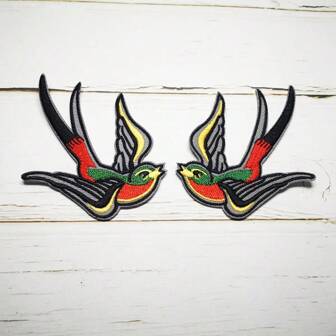 1pair Colorful Bird Embroidered Fabric Adhesive Patch With Back Glue
