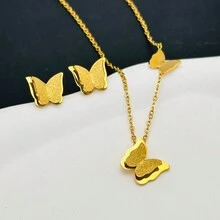 珠寶2入組磨砂蝴蝶設計金吊墜鈦鋼項鍊&耳釘優雅鎖骨鏈,女性日常使用的完美選擇 - 金色 - 查看 7
