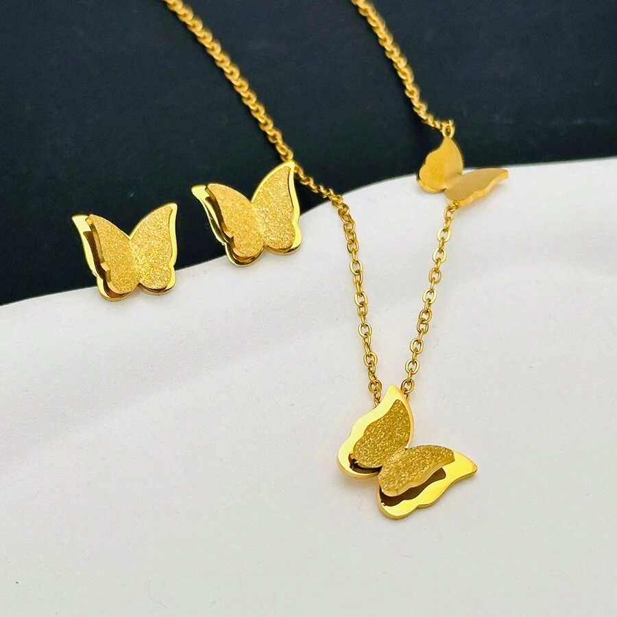 Đồ trang sức 2 cái/bộ Mờ Loại bướm Thiết kế Vàng Vật rủ xuống Thép Titan Dây chuyền & Bông tai stud Thanh lịch Xương quai xanh Chuỗi , Hoàn hảo Đối với Sử dụng hàng ngày NỮ - Vàng - Xem 1