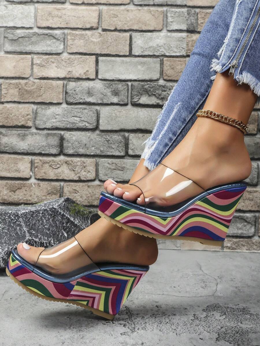 女性大碼楔形涼鞋,玻璃果凍條紋厚底鞋,流行的藍色豎洞設計,日常高跟鞋 - 彩色 - 查看 1