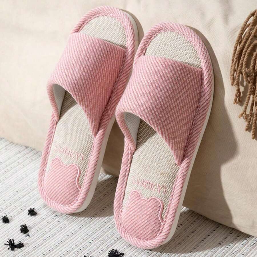 Của phụ nữ Chóp giầy mở ra Cây gai Dép đi trong nhà , Mùa Xuân Dép đi trong nhà , Đơn giản & Thoải mái , Thoáng khí & Không trượt , Với Phim hoạt hình dễ thương Gấu & In thư - Hồng - Xem 1