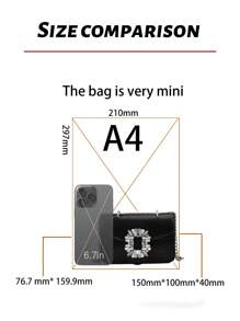 水鑽裝飾黑色斜挎包，翻蓋，時尚質感，多功能鏈帶，迷你女式手提包優雅水鑽單肩包，PU 腋下包，女士時尚通勤手提包和錢包 - 黑色 - 查看 4