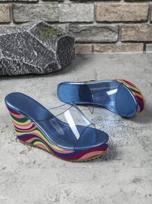 女性大碼楔形涼鞋,玻璃果凍條紋厚底鞋,流行的藍色豎洞設計,日常高跟鞋 - 彩色 - 查看 3