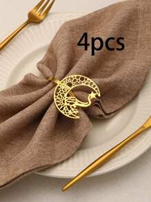 1pc Hollow Out Crescent Moon & Stars Design Napkin Rings, Creative Table Decor For Festivals - Gold - View 1