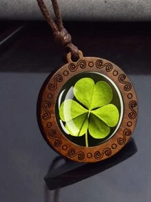 1pc Four Leaf Clover Pendants Shamrock Green Lucky Grass Wooden Pendant Rope Chains Necklace For Men And Women - Style 2 - View 2