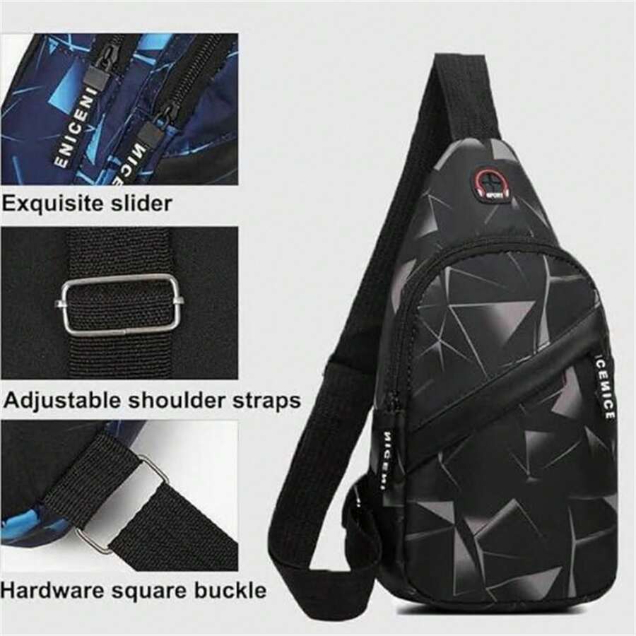 單層袋肩背斜跨輕量尼龍休閒背包,多口袋適用於男性的戶外運動旅行騎行健行 - 黑色 - 查看 1