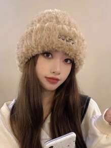 女士冬季针织帽，保暖，白色，带保暖内衬，适合大头 - 黑色 - 查看 4