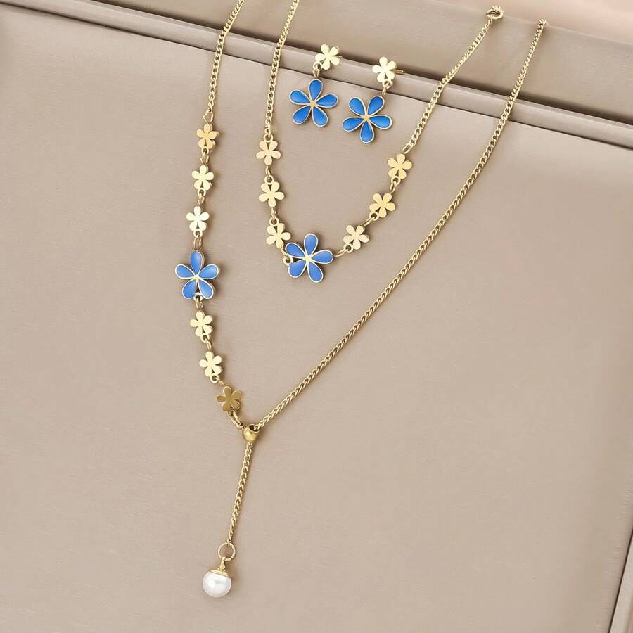 4pcs Golden Stainless Steel Gold-Plated Blue Drip Enamel Flower Tassel Necklace, Bracelet, Earrings Set - Chic, Elegant, Minimalistic, Vintage, Versatile, Suitable For Streetwear, Daily Wear, Commuting, Vacation, Weddings, Festival Parties, Gift For Women Valentines