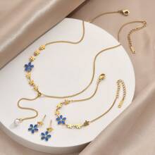 4pcs Golden Stainless Steel Gold-Plated Blue Drip Enamel Flower Tassel Necklace, Bracelet, Earrings Set - Chic, Elegant, Minimalistic, Vintage, Versatile, Suitable For Streetwear, Daily Wear, Commuting, Vacation, Weddings, Festival Parties, Gift For Women Valentines