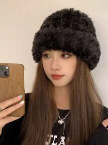 女士冬季针织帽，保暖，白色，带保暖内衬，适合大头 - 黑色 - 查看 13