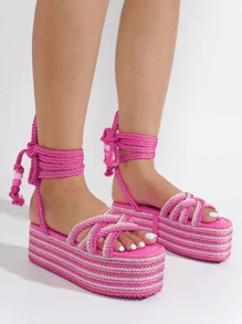 Women's  Strappy Rope Square Toe Platform - Platform Square Toe Strappy Mid Heel For Running Errands - 粉色 - 查看 5