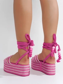 Women's  Strappy Rope Square Toe Platform - Platform Square Toe Strappy Mid Heel For Running Errands - 粉色 - 查看 6