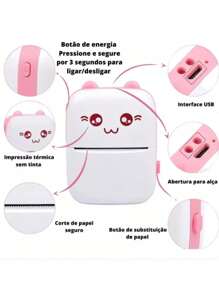 Mini Impressora Portátil Gato Rosa E Azul Térmica Bluetooth - Rosa chiclete - Visão 6