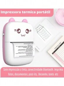 Mini Impressora Portátil Gato Rosa E Azul Térmica Bluetooth - Rosa chiclete - Visão 2