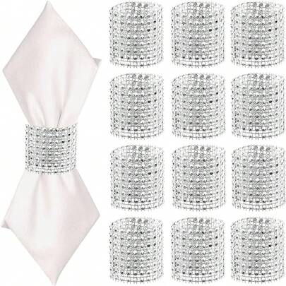 10pcs/30pcs/50pcs Gold Diamond Napkin Rings, Christmas Napkin Holders, Shiny Rhinestone Napkin Rings, Diamond Hook And Loop Napkin Rings, Suitable For Table Decoration, Suitable For Anniversary, Birthday, Wedding, Dinner, Party, Diy Decoration (Silver)