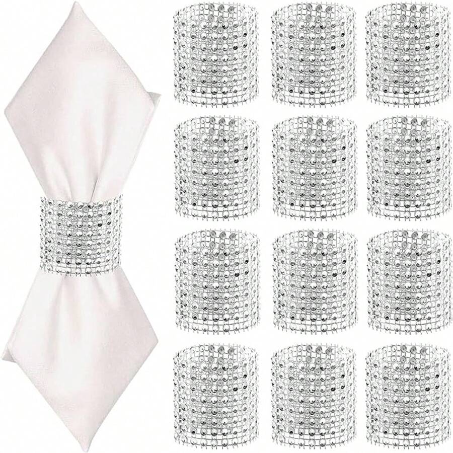 10pcs/30pcs/50pcs Gold Diamond Napkin Rings, Christmas Napkin Holders, Shiny Rhinestone Napkin Rings, Diamond Hook And Loop Napkin Rings, Suitable For Table Decoration, Suitable For Anniversary, Birthday, Wedding, Dinner, Party, Diy Decoration (Silver) - Silver - View 1