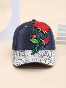 1入流行女性鑽石玫瑰刺繡棒球帽,彎邊和可調節帶適用於日常穿著,旅行,牛仔帽,父親帽,遮陽帽 - 藍色 - 查看 1