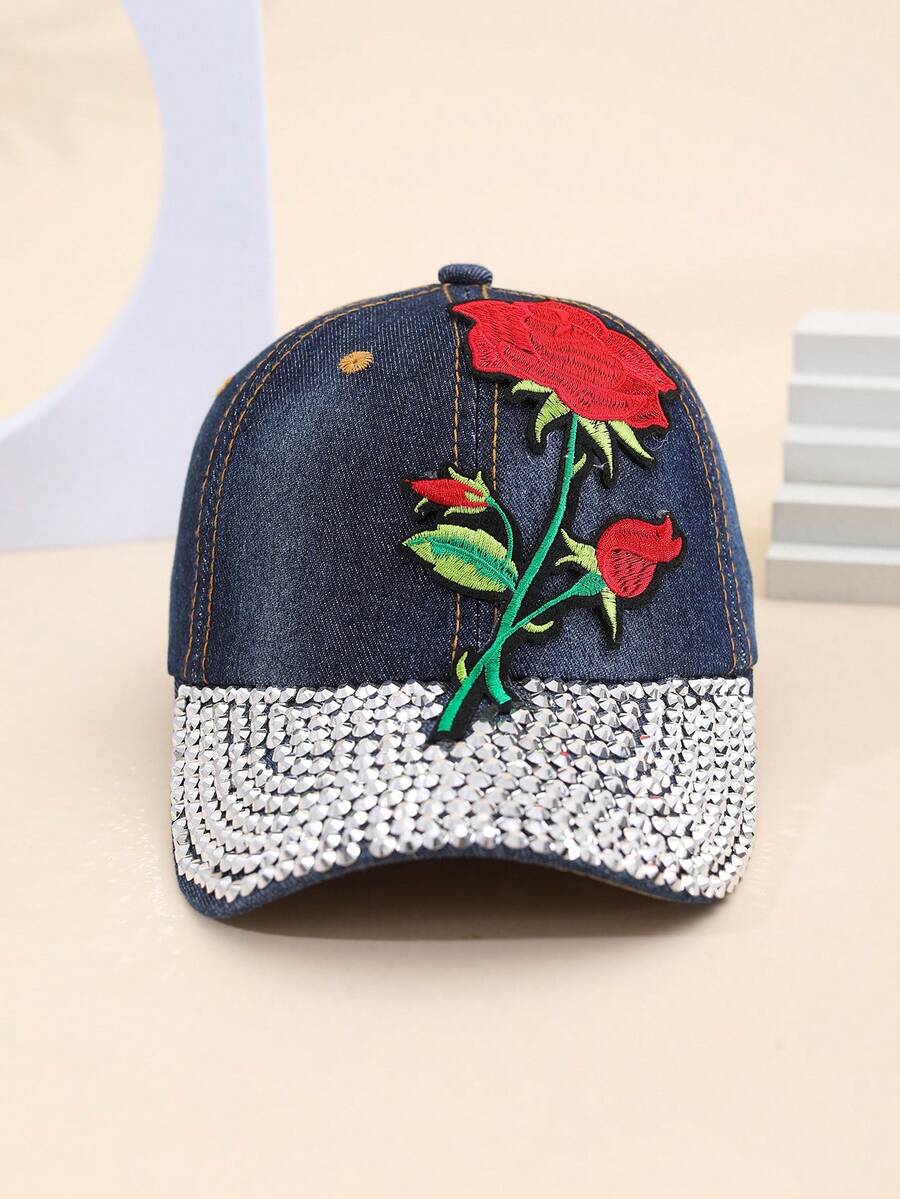 1入流行女性鑽石玫瑰刺繡棒球帽,彎邊和可調節帶適用於日常穿著,旅行,牛仔帽,父親帽,遮陽帽 - 藍色 - 查看 1