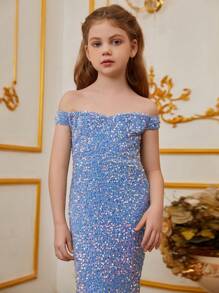 Tween Girl Off-Shoulder Glitter Mermaid Formal Dress - Blue - View 6