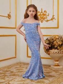 Tween Girl Off-Shoulder Glitter Mermaid Formal Dress - Blue - View 1