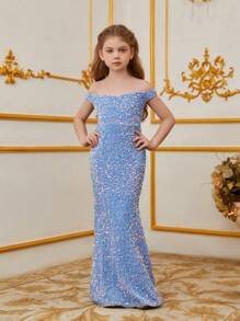 Tween Girl Off-Shoulder Glitter Mermaid Formal Dress - Blue - View 3