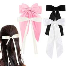 4 件装女童蝴蝶结发夹大号粉色白色丝缎丝带长大马尾辫夹可爱黑色米色彩色金属发夹卷发细厚薄发饰 - 彩色 - 查看 1