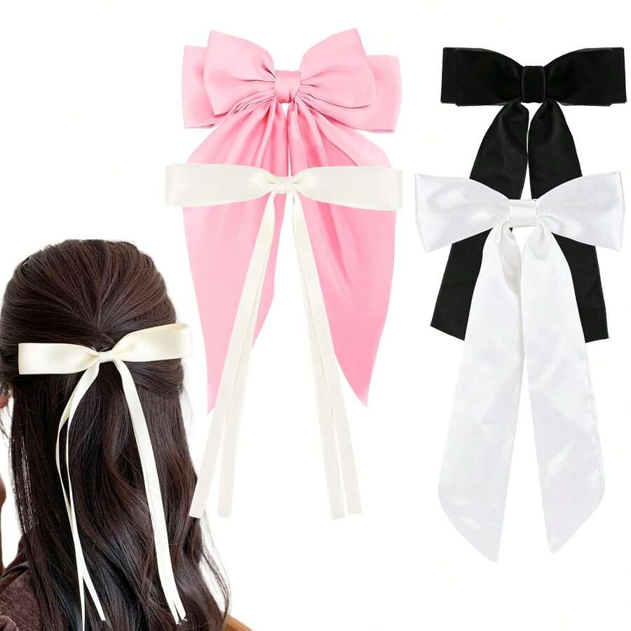 4 件装女童蝴蝶结发夹大号粉色白色丝缎丝带长大马尾辫夹可爱黑色米色彩色金属发夹卷发细厚薄发饰 - 彩色 - 查看 1