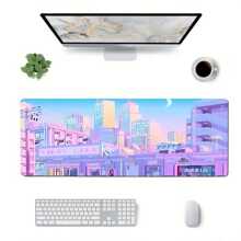 動漫遊戲鼠墊粉色vaporwave城市擴展桌墊超大尺寸鼠墊防滑橡膠底縫邊桌墊適用於桌面電腦,31.5x11.8英寸 - 淡紫色 - 查看 4