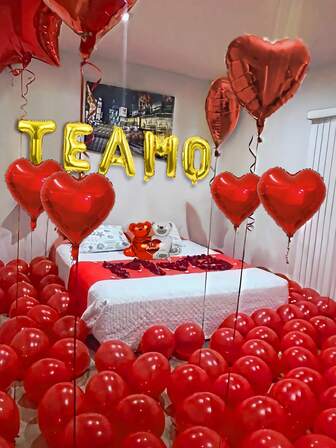 1/27 件金色“TE AMO”字母气球套装，我爱你气球，迷你红白泰迪熊手捧心形气球，红心气球，适用于情人节派对、求婚、婚礼、周年纪念装饰，