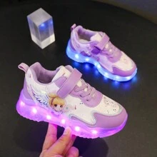 GUANGLAN USB Charging LED Light-Up Shoes, Colorful, Cartoon Style For Kids (Toddler, Children, Boys And Girls), Pink And Purple, Casual & Athletic Sneakers, Chunky Sneakers, 1 Pair Girls' PU Flat Design Hook And Loop Casual Shoes, Suitable For Spring And Autumn With Running Lights, Baby, Infant & Toddler Shoes - Purple - View 6