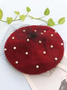 1頂男女適用的黑色冬季貝雷帽,珍珠網紗裝飾,y2k風格,適用於日常通勤、戶外活動和保暖 - 黑色 - 查看 5