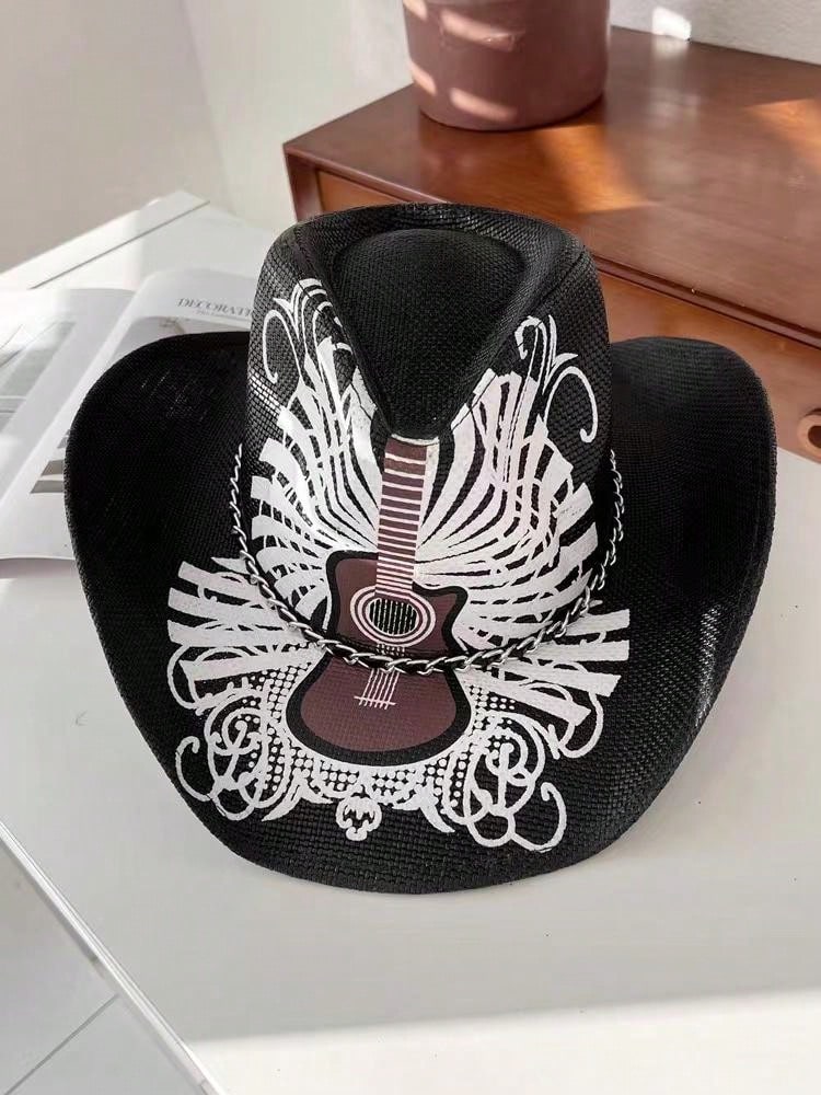 ヴィンテージ風 ウェスタンストローハット 男性用 スカル＆ギターデザイン 刺繍加工 スプレーペイント仕上げ SHEIN JAPAN