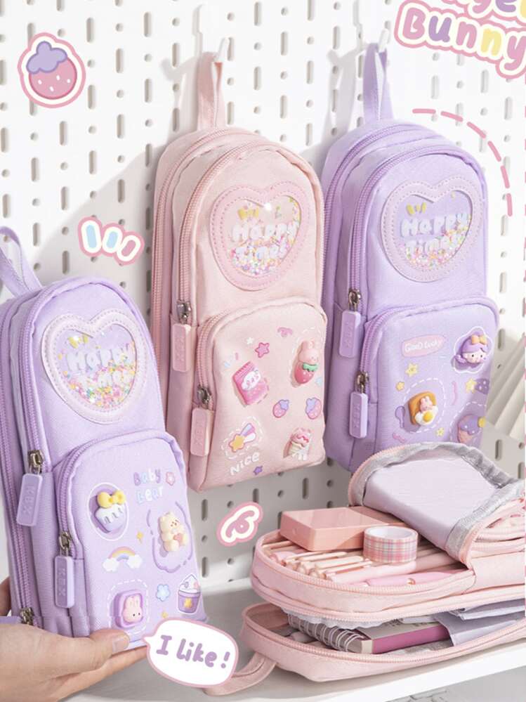 Astuccio Estetico In Tela Grande Capacità Con 6 Penne Gel – Viola Cartoon – Con Manico E Scomparti - 5