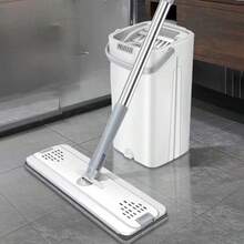 1套拖把及桶套裝,雙手免握扁平地拖及桶,2洗淨可重複使用微纖布垫,濕拖與乾拖兼容多用途家庭地面清潔系統,適用於各種地面及窗戶保養 - 白色 - 查看 1