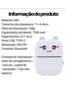 Mini Impressora Portátil Gato Rosa E Azul Térmica Bluetooth - Azul - Visão 5