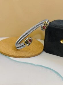 1 件简约优雅复古不锈钢和锆石心形开口线手镯，适合女士；适合周年纪念、生日、情人节或家庭和情侣礼物 - 彩色 - 查看 1