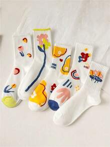 5雙女性ins風格卡通塗鴉和花朵圖案中筒襪 - 彩色 - 查看 1