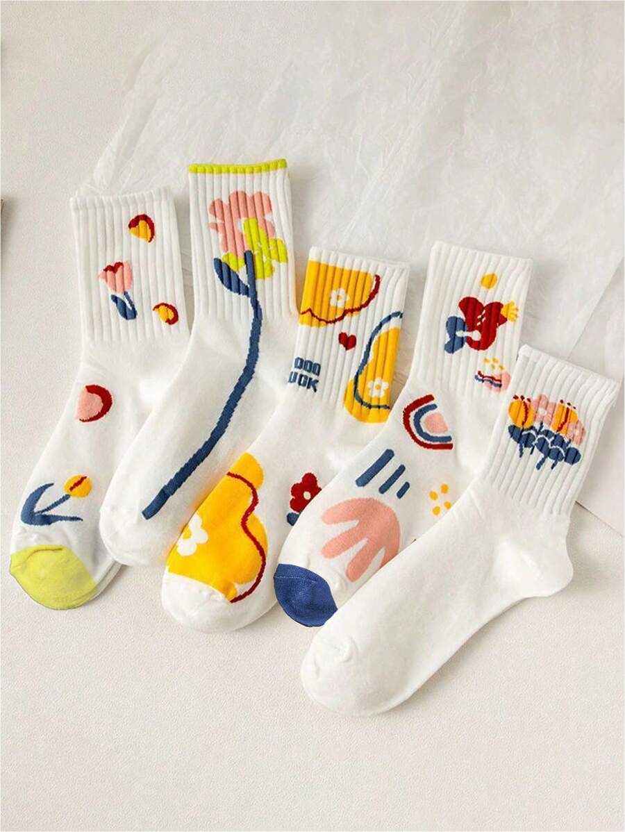 5雙女性ins風格卡通塗鴉和花朵圖案中筒襪 - 彩色 - 查看 1