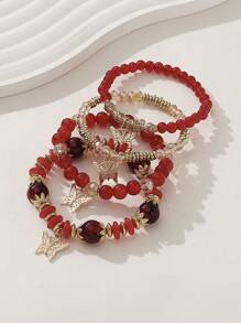 4pcs Bohemia Style Handmade Glass Beads Floral Butterfly Charm Stretch Bracelet Set For Women, Great For Beach Vacation. The Placement Of Butterfly Pendant Is Random.
