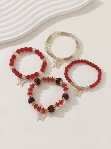 4pcs Bohemia Style Handmade Glass Beads Floral Butterfly Charm Stretch Bracelet Set For Women, Great For Beach Vacation. The Placement Of Butterfly Pendant Is Random.