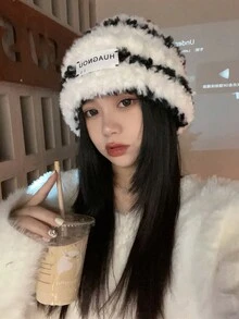 女士冬季针织帽，保暖，白色，带保暖内衬，适合大头 - 黑色 - 查看 12