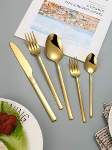 5/30pcs Gold Stainless Steel Cutlery Set, Including Knife, Fork, Spoon, Suitable For Home Kitchen And Restaurant,Kitchen,Christmas Gift,School Supplies - Gold - View 3